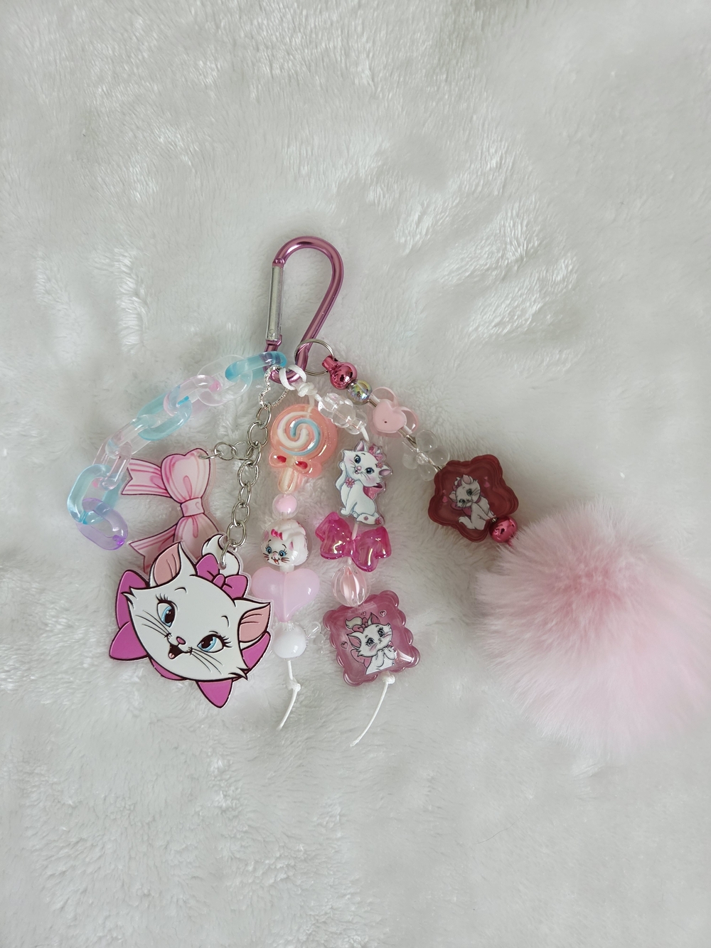 Pink Marie Cat Charm Keychain with Pom Pom Bling Aristocats Bag Charm
